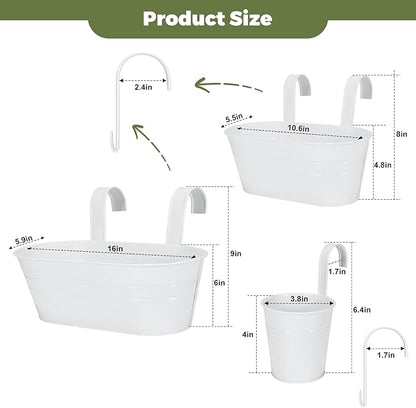3 Different Size Metal Iron Hanging Flower Pots 10 Pcs for Outdoor Plants Metal Hanging Bucket Pots Iron Railing Fence Planter with Drainage Holes and Hooks for Porch Railing Balcony Fence (White)