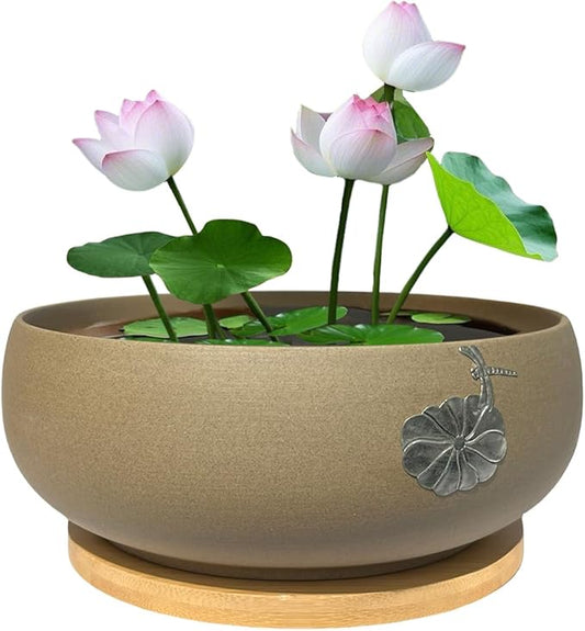 MUZHI Round Ceramic Hydroponic Bowl Lotus Planter Pot with Bamboo Tray, Classic Pottery Water Lily Bowl Planter Container Inlaid Dragonfly and Lotus Leaf Decor 7.3"