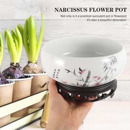 Veemoon Ceramic Hydroponic Bowl Water Lily Planter Round Succulent Plant Pot Chinese Lotus Flower Pot with Plastic Base Bonsai Plant Container for Indoor Outdoor Garden Home Office (6.8 * 3.93 Inch)