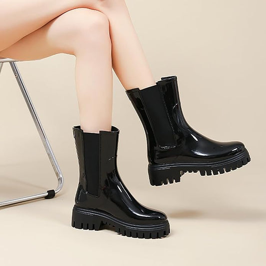 Women'S Waterproof Lug Sole Rain Boots Fashion Elastic Slip On Comfortable Platform Chunky Heel Chelsea Ankle Boots Casual Outdoor Non-Slip Rubber Garden Booties