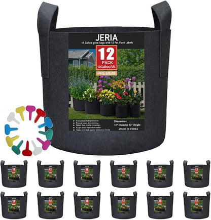 JERIA 12-Pack 10 Gallon, Vegetable/Flower/Plant Grow Bags, Aeration Fabric Pots with Handles (Black), Come with 12 Pcs Plant Labels