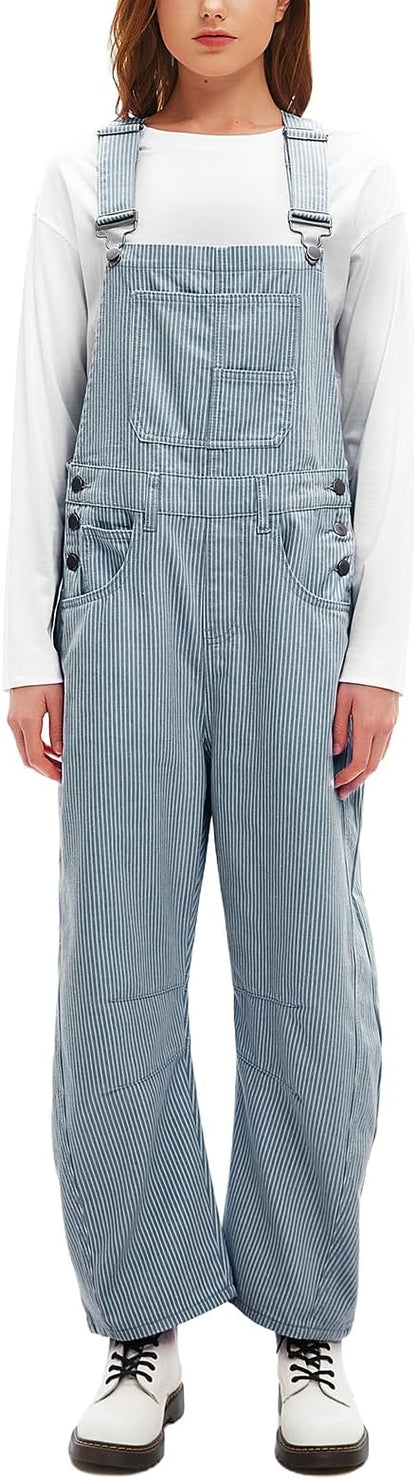 D-Sun Women's Striped Bib Overall Barrel Casual Tapered Overall Pants Wide Leg Adjustable Straps Stretch Jumpsuits