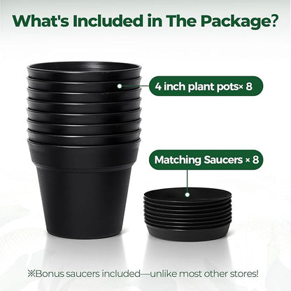 T4U 4 Inch Plant Pots 8-Pack, Small Flower Pots with Drainage Hole and Saucer, Decorative Nursery Pot Bulk for African Violet, Snake Plant, Succulent, Herb and Plants Indoor (8 Pcs 4" Pots, Black)