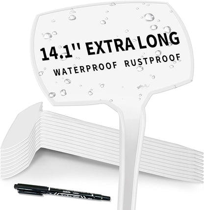 14.1'' Tall Plant Markers, Large Plant Labels for Outdoor Garden Waterproof Durable T-Type Plastic Garden Labels, Perfect for Herbs, Flowers, Vegetable with a Marker Pen (12PCS)