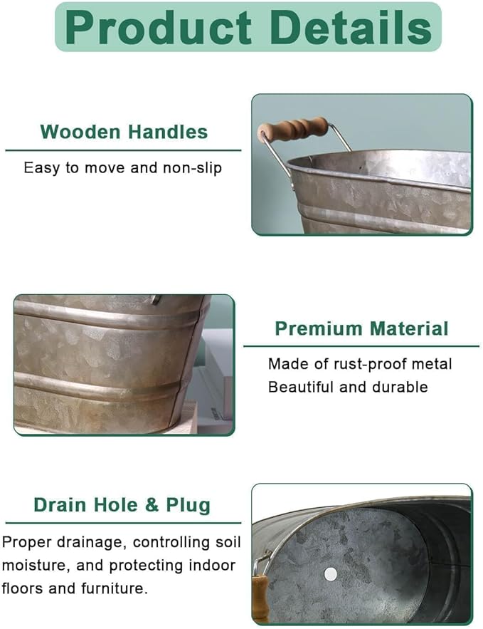 vensovo Galvanized Metal Oval Planter Buckets with Handles – Set of 3 Rustic Farmhouse Flower Tubs with Drain Holes & Plugs, Vintage Small Pots for Herbs, Succulents, Wedding or Tabletop Decor