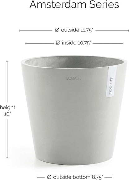 Ecopots Amsterdam Durable Modern Round Indoor/Outdoor Recycled-Based Composite Flower Pot Planter, White Grey, 12"