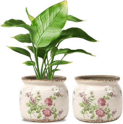 Vintage Floral Ceramic Planter, 2 Pack Flower Pot Rustic Flower Pot Container with Drainge Hole, Ice Crack Plant Pot Decorative Planter for Indoor and Outdoor Tuscan Decor Vase Gardening Gift