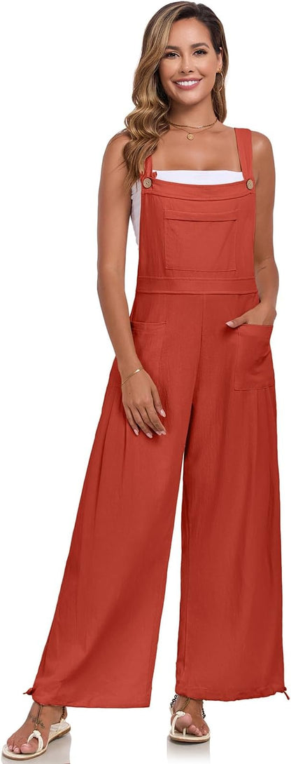 ALSOGO Womens Wide Leg Overalls Loose Beach Vacation Outfits Jumpsuits 2025 Causal Sleeveless Rompers with Pockets