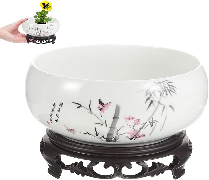 Veemoon Ceramic Hydroponic Bowl Water Lily Planter Round Succulent Plant Pot Chinese Lotus Flower Pot with Plastic Base Bonsai Plant Container for Indoor Outdoor Garden Home Office (6.8 * 3.93 Inch)