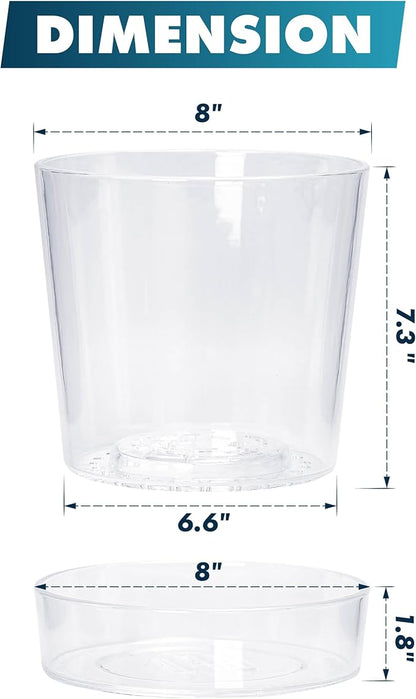 Phoenix Vine 8 Inch Clear Acrylic Planter Pot with Tray, Orchid Pot with Drainage Holes, Deep Saucer for Bottom Watering, Transparent Containers for Indoor Plants, Herbs, Set of 2, 91-A-G-2