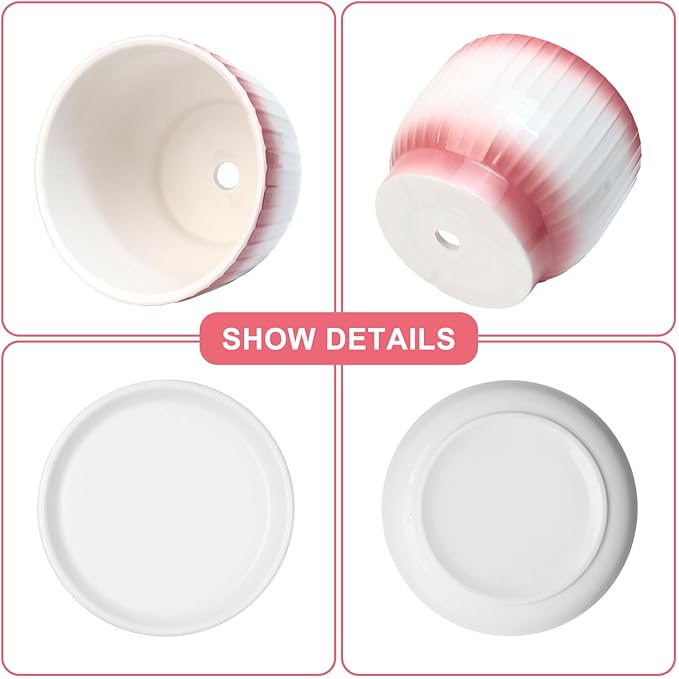 6.7 + 5.5 Inch Ceramic Plant Pots,Set of 2,Planters with Drainage Hole and Saucer,Flower pots for Indoor Plants,Elegant Design(Pink + White,