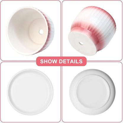 6.7 + 5.5 Inch Ceramic Plant Pots,Set of 2,Planters with Drainage Hole and Saucer,Flower pots for Indoor Plants,Elegant Design(Pink + White,