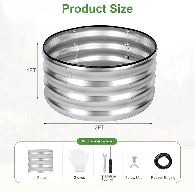 Galvanized Raised Garden Bed- 2Pcs Metal Planter Boxes Outdoor | 12" Tall 24" Round Steel Raised Bed Kit & Fire Pit Ring for Gardening with Protective Tape for Vegetables, Flower (Sliver)