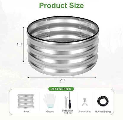 Galvanized Raised Garden Bed- 2Pcs Metal Planter Boxes Outdoor | 12" Tall 24" Round Steel Raised Bed Kit & Fire Pit Ring for Gardening with Protective Tape for Vegetables, Flower (Sliver)