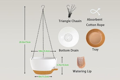 Hanging Planters, 3-Pack 10 Inch Self-Watering Pots with Drainage Holes and Chains, Matte Plastic Planters for Indoor/Outdoor Plant（White Brown）
