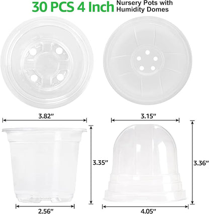 Bonviee 30 Sets Plant Nursery Pots with Humidity Domes, 4 Inch Clear Nursery Pots (30 Pots + 30 Clear Lids), Seed Starter Pots Small Planter Containers with Drain Holes with 10 Plant Labels- Clear