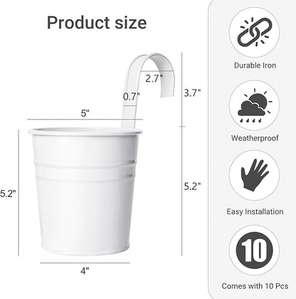 Dahey 10 Pcs Hanging Flower Pots Metal Iron Bucket Planter for Railing Fence Balcony Garden Home Decoration Flower Holders with Detachable Hooks, White, 5 inches