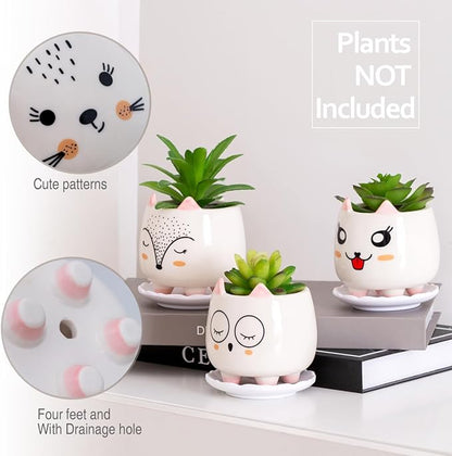 B SEPOR 6Pack 3.4inch Small Ceramic Animal Planter Pots for Baby Succulent with Drainage and Bamboo Tray Window Sill Gift for Girl(Sitting Cats)