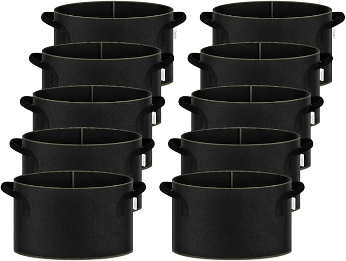 iPower 5-Gallon 10-PCS Thickened Grow Bag Nonwoven Fabric Pots with Handles Heavy Duty Aeration Container for Garden and Planting Vegetable Flowers, Black with Green Stitch Sewing