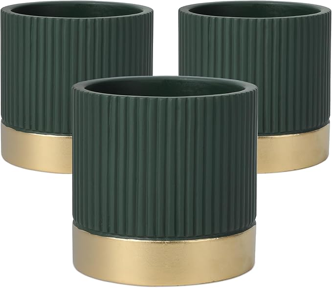 Set of 3 Cement Planter Pots with Drainage Hole,4 inch Plant Pots for Plants Indoor Houseplants,Succulent Pots Windowsil Planter (Green&Gold)