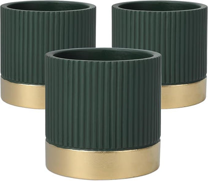 Set of 3 Cement Planter Pots with Drainage Hole,4 inch Plant Pots for Plants Indoor Houseplants,Succulent Pots Windowsil Planter (Green&Gold)