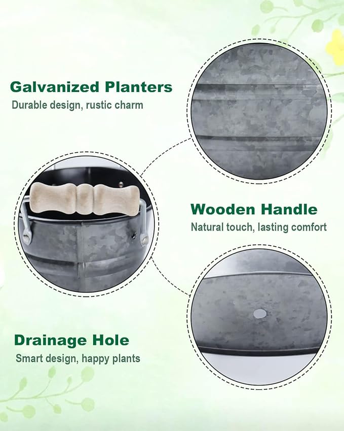 Galvanized Metal Oval Planter Buckets with Handles – 3 Pcs Rustic Farmhouse Flower Tubs with Drain Holes & Plugs, Vintage Small Pots for Herbs, Succulents, Wedding or Tabletop Decor (Galvanized Black)