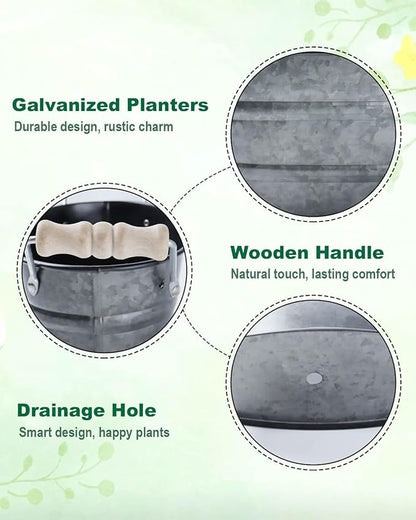 Galvanized Metal Oval Planter Buckets with Handles – 3 Pcs Rustic Farmhouse Flower Tubs with Drain Holes & Plugs, Vintage Small Pots for Herbs, Succulents, Wedding or Tabletop Decor (Galvanized Black)