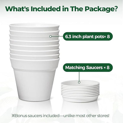 T4U 6 Inch Plant Pot 8-Pack, Plastic Planter with Drainage Hole and Saucer, Decorative Nursery Pots Bulk for African Violet, Snake Plant, Succulent, Herb and Plants Indoor (8 Pcs 6" Pots, White)