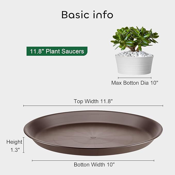 GROWNEER 6 Packs 11.8 Inches Plant Saucer, Plastic Plant Trays for Pots, Heavy Duty Pot Drip Trays for Indoors Outdoor Flower Planters, Brown