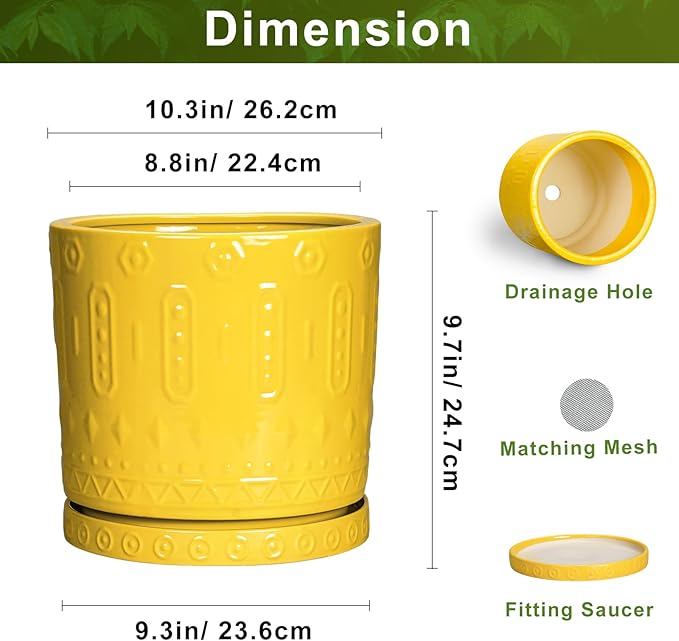 Ceramic Pots for Plants, 10 Inch Plant Pot with Drainage Holes and Tray, Round Planter for Indoor Outdoor Plants, Modern Decorative Flower Pots, Office Decor, Birthday Gift for Women, Yellow