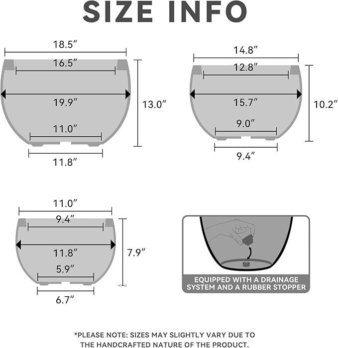 Kante 19.9",15.7",11.8" Dia Round Concrete Planter Set of 3, Outdoor/Indoor Large Bowl Plant Pots with Drainage Hole and Rubber Plug for Garden Patio Balcony Home, Dark Gray