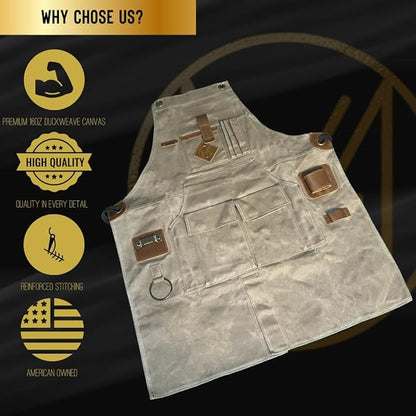 Mt Diablo 16oz - Woodworking Apron - Work Apron with Duck Weave Paraffin Waxed Canvas, Genuine Leather - Fits XS-XL