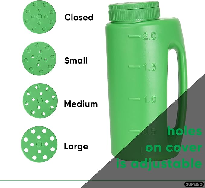 Superio Handheld Spreader for Lawn and Garden Seed, Fertilizer and Ice Melt Spreader 2 Liter, Adjustable Hole Size