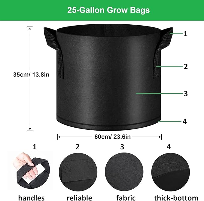 25-Gallon Grow Bags, (10 Pack) Thickened Aeration Fabric Growing Pots Planters with Handles for Planting Vegetables Plants, Black