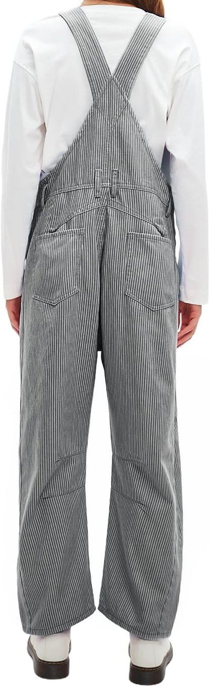 D-Sun Women's Striped Bib Overall Barrel Casual Tapered Overall Pants Wide Leg Adjustable Straps Stretch Jumpsuits