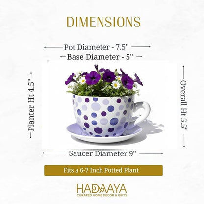 7.5” Round Ceramic Teacup Planter with Saucer – Purple Polka Dot Design Pot for Succulents, Orchid, Herbs & Indoor Houseplant/Flowers for Valentines Day Gift