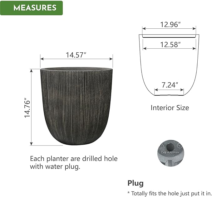 Vintage Black Cement-Look Ribbed Planter, 14.8"H Tall Tapered Egg-Shaped Plastic Plant Pot with Drainage Hole & Plug, Large Modern Indoor Outdoor Flower Pot for Home, Garden, Patio and Houseplants