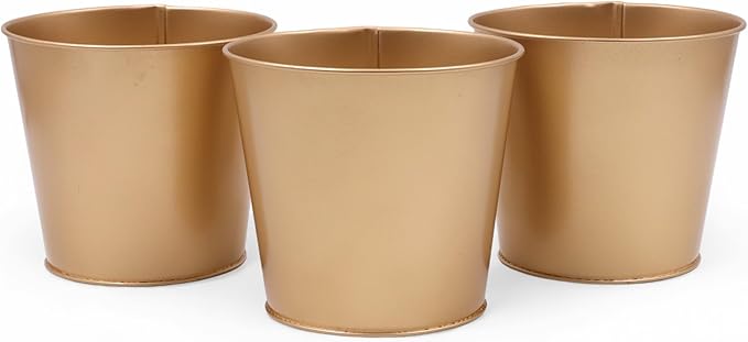 Hosley Set of 3 Gold Finish Bucket/Pots with PVC Liner 5" Dia x 4.75" H, Ideal Gift for Floral Arrangements Wedding Home Office Party DIY Indoor Outdoor Garden Patio