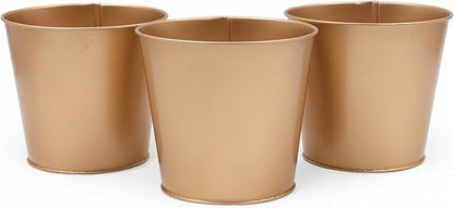 Hosley Set of 3 Gold Finish Bucket/Pots with PVC Liner 5" Dia x 4.75" H, Ideal Gift for Floral Arrangements Wedding Home Office Party DIY Indoor Outdoor Garden Patio