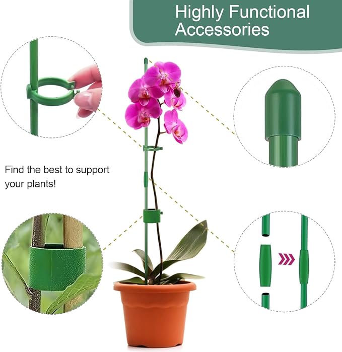 Plant Stakes,Adjustable Length Support Stake Orchid Stick with Ring Buckles Garden Pole for Potted Tomato Rose Amaryllis Beans Vegetables Comes with 40-inch Ties (Green, 17inch&12inch)