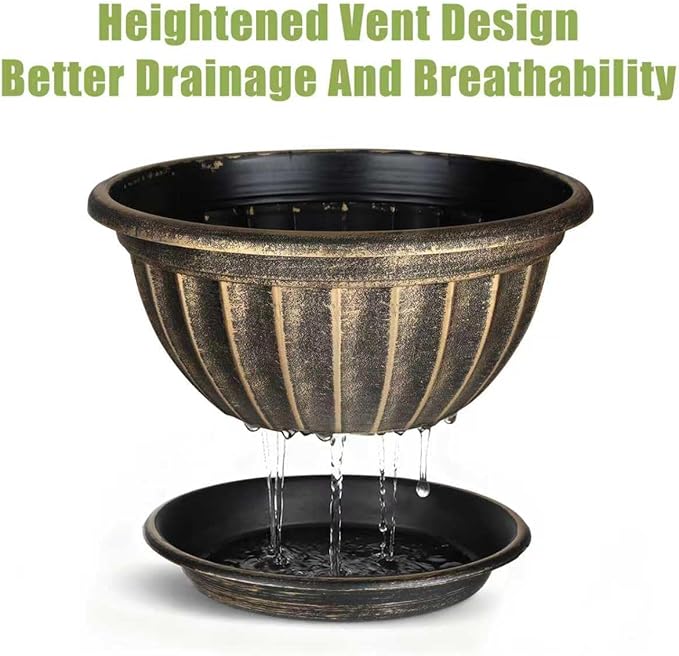 NIKONIKO 12 Inch Plant Pots, 6-Pack Plastic Wide Ribbed Planters with Drain Holes & Trays, Fluted Design Flower Pots for Indoor and Outdoor Plants