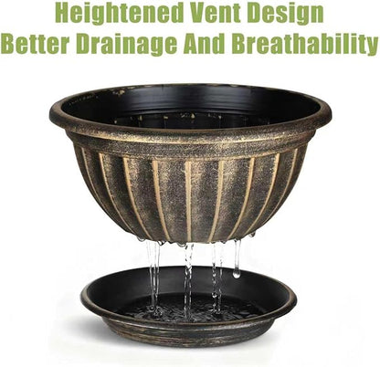 NIKONIKO 12 Inch Plant Pots, 6-Pack Plastic Wide Ribbed Planters with Drain Holes & Trays, Fluted Design Flower Pots for Indoor and Outdoor Plants