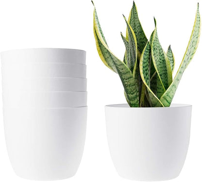 T4U 7 Inch Self Watering Planters Plastic Plant Pot, Modern Decorative Flower Pot/Window Box for All House Plants, Flowers, Herbs, African Violets, Succulents - White, Set of 6