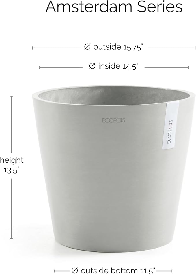 Ecopots Amsterdam Durable Modern Round Indoor/Outdoor Recycled-Based Composite Flower Pot Planter, White Grey, 16"