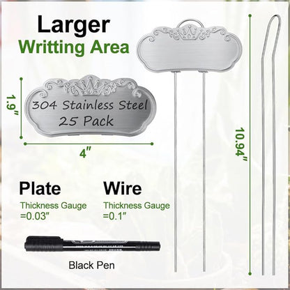 Metal Plant Labels, Tall Plant Labels, Garden Labels Outdoors for Flower, Fruit and Vegetable, Stainless Steel, Weatherproof (25 Pack, 4'' x 1.9'', Silver)