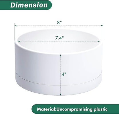 D'vine Dev 8 Inch Plastic Shallow Planter, Large Round Succulent Plant Pot with Drainage Hole and Sauce, Decorative Bonsai Pot for Indoor Plants, White, 76-Z-A-1