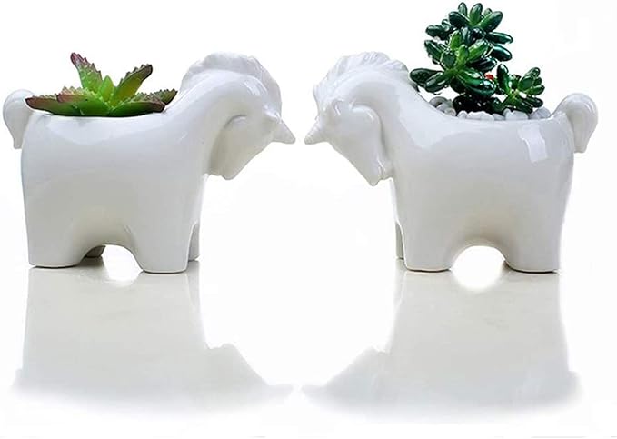 Cute Unicorn Succulent Planter Pot with Drainage Tray, Small White Ceramic Cactus Flower Container, Animal Shaped Indoor Air Plants Holder