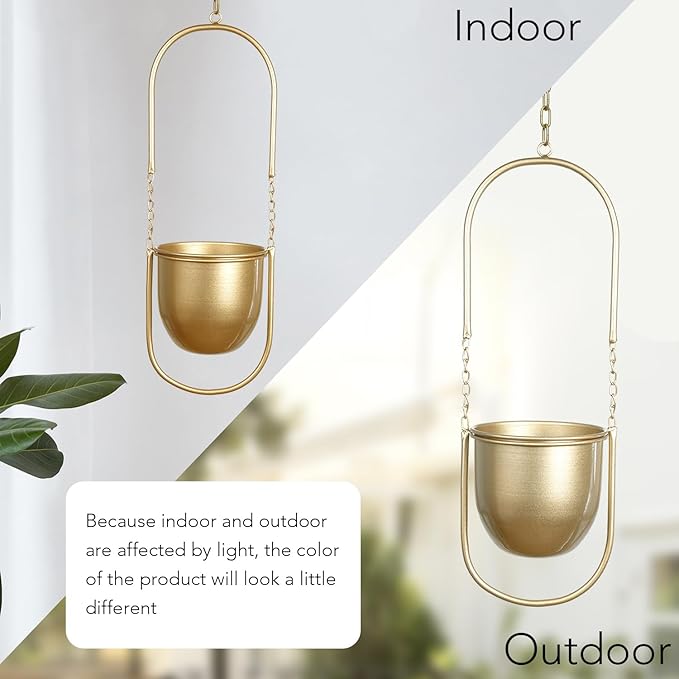 Boho Hanging Planter for Indoor Plants - Set of 2 Gold Metal Wall Planter 5.7Inch with Hooks and Chins, Plant Hanger Decor for Window and Patio - Suitable for Hanging Plants Decor