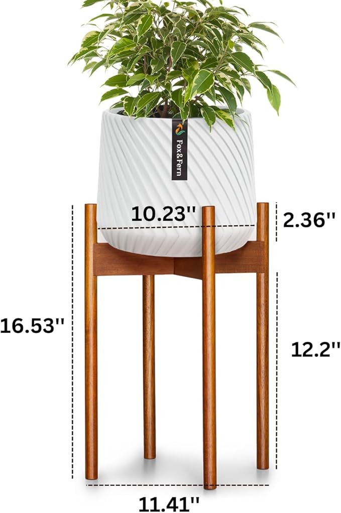 Fox & Fern Mid Century Tall Plant Stand — 10 Inch Fixed Size Raised Wooden Plant Stand for Indoor Planters (Not Included); Modern Flower Pot Holder with Plug In Design; Easy to Assemble - Acacia