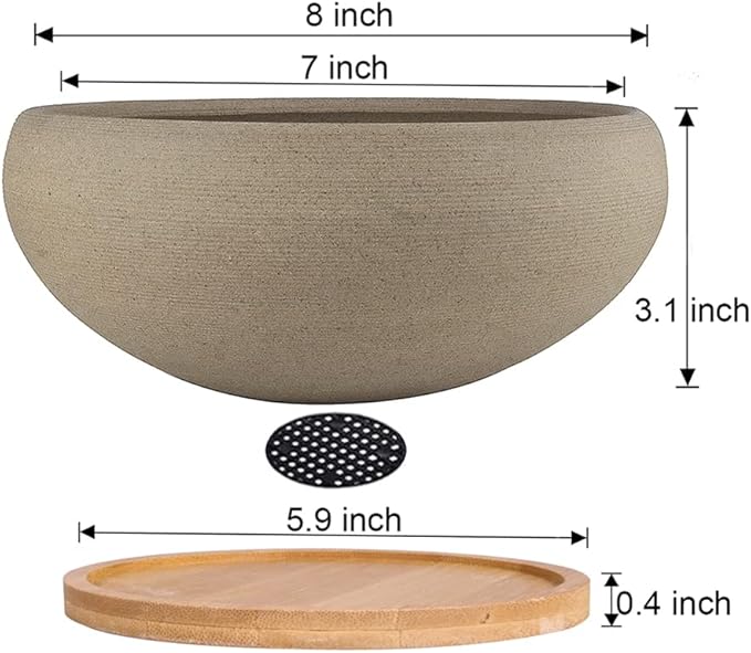 MUZHI Round Unglazed Ceramic Bonsai Pot with Bamboo Tray, Large Rough Pottery Succulent Planter with Drainage Hole 8 inch … (8”)